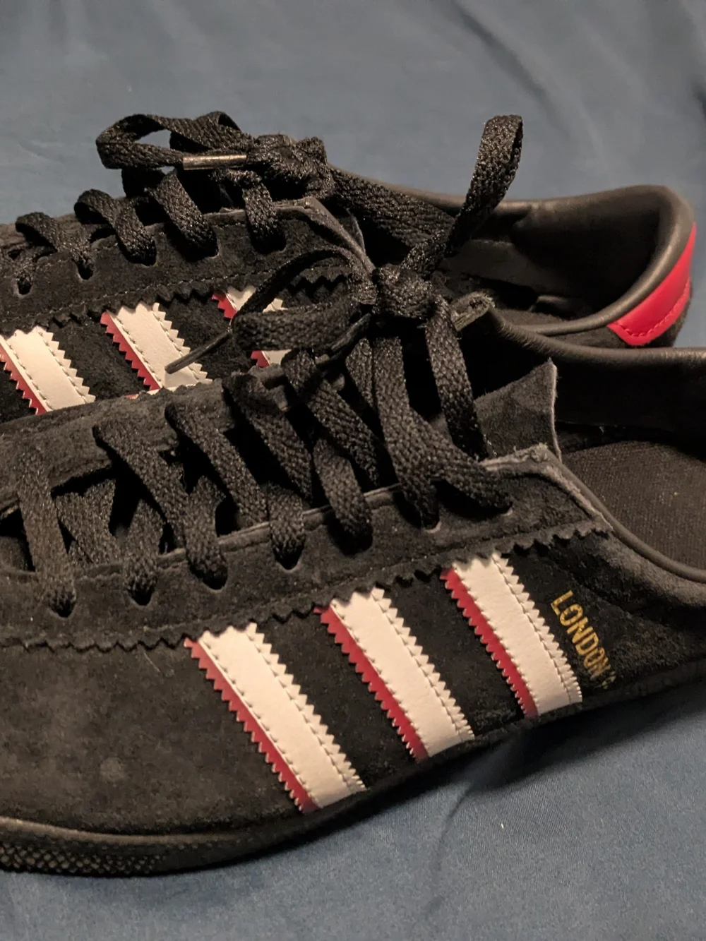 Black Suede Men's Sneakers with White & Red Stripes